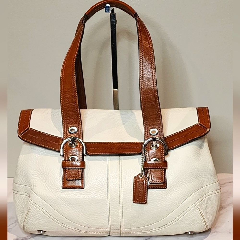 Coach Hampton White and Brown Leather Satchel Bag